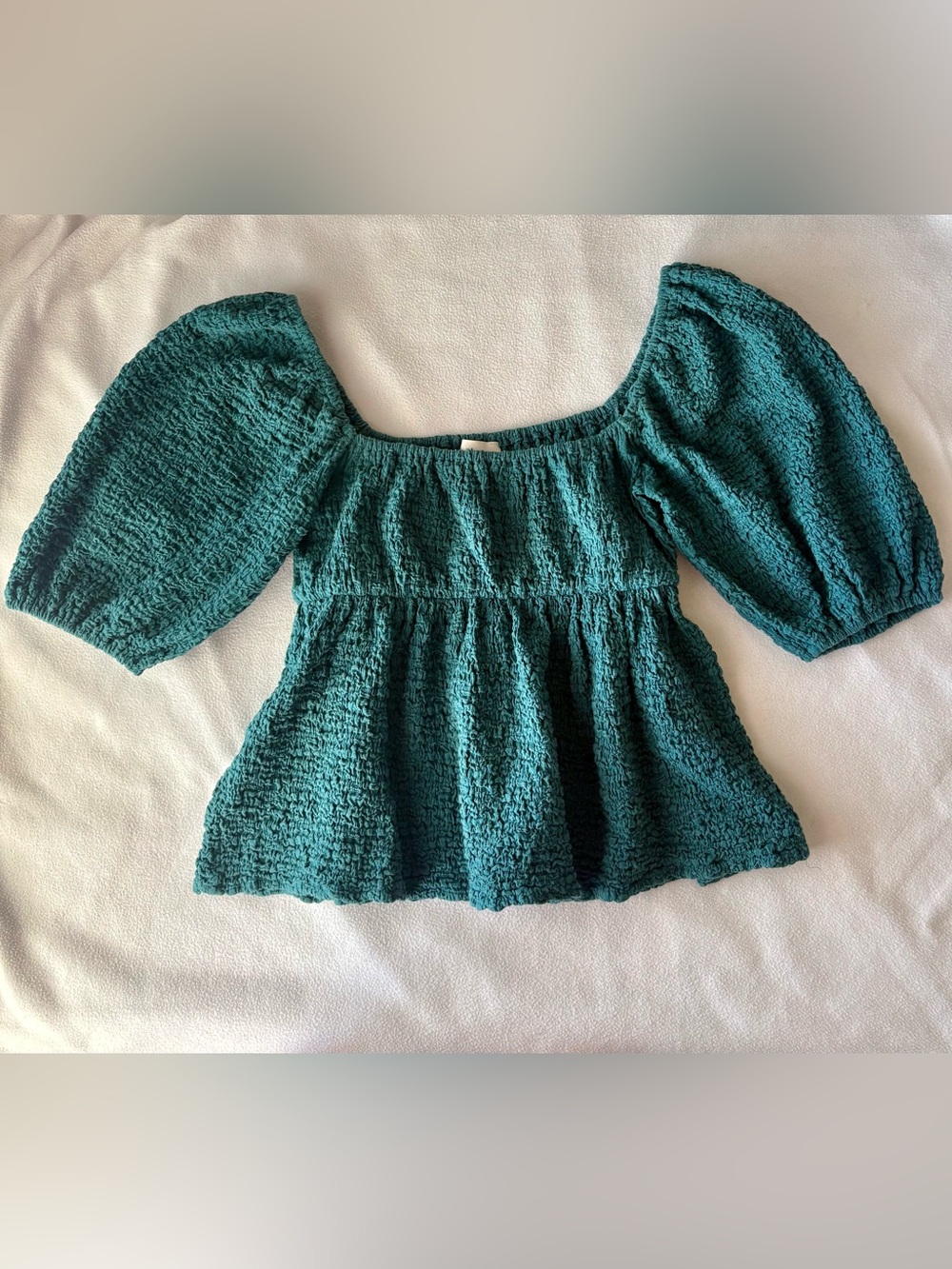 bohme Teal Textured Square-Neck Peplum Puff-Sleeve Top